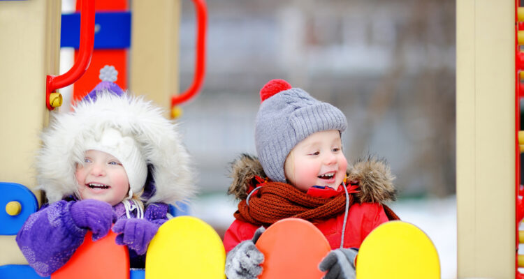 children, playing, outside, in, winter, attire, at, daycare
